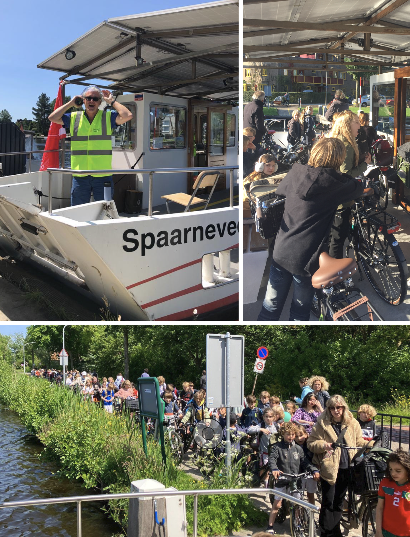 Een collega van het Spaarneveer met Wim de Jong, en wachtrijen met passagiers.